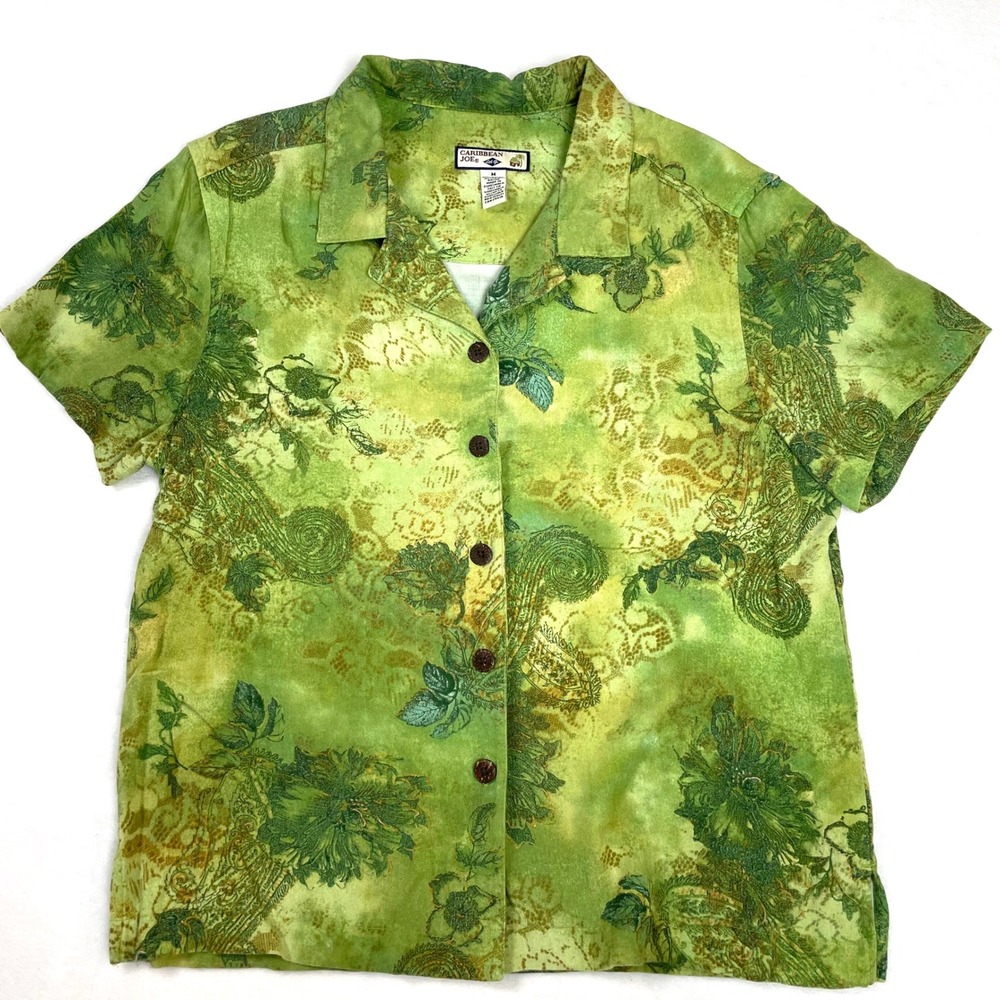 Caribbean Joe Button Down Women Medium Green Excellent Vintage 90s Tropical